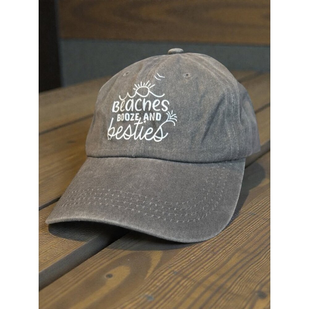 Beaches Booze And Besties Funny Graphic Washed Denim Baseball Cap Gray